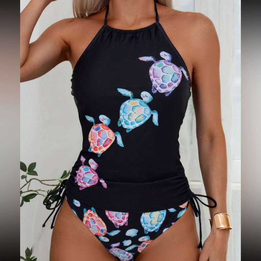 Summer Beach Women Cartoon Turtle Printed Side Drawstring  Tankini Set